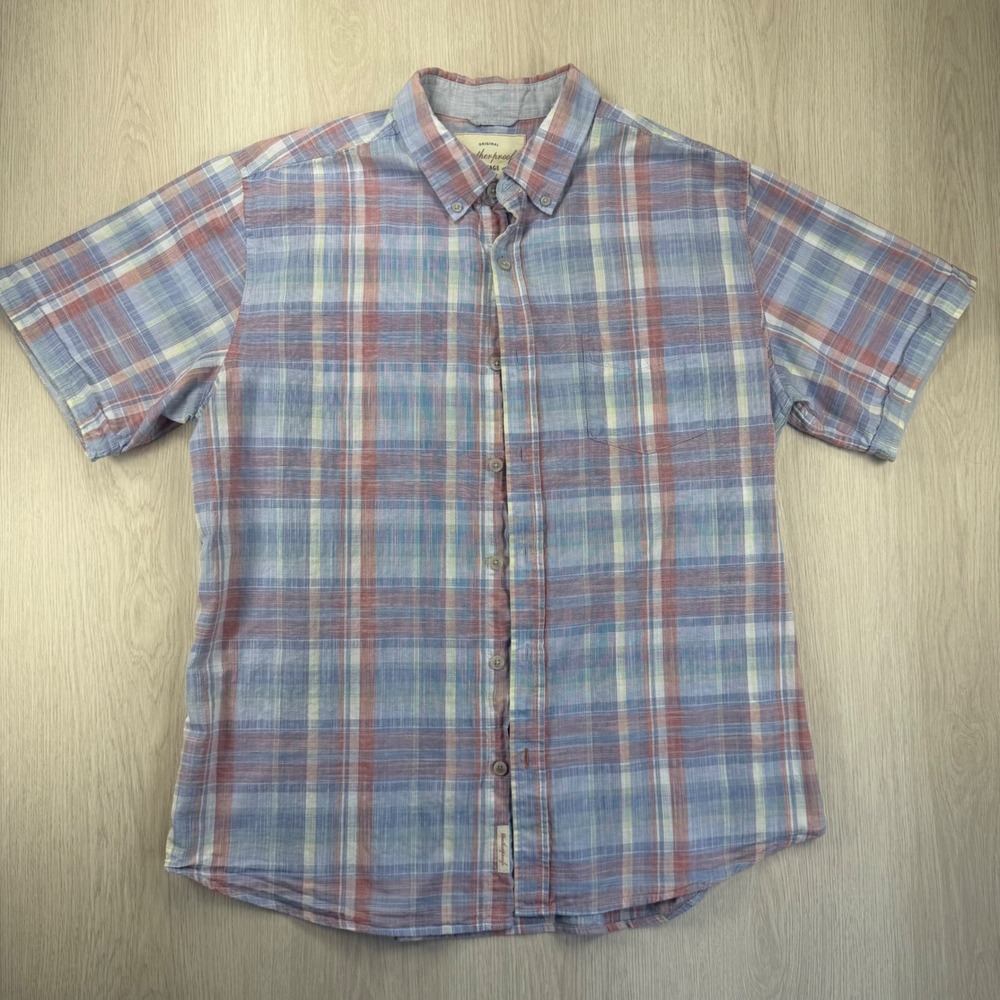 Weatherproof Vintage Men XL Plaid Short Sleeve Button Down Shirt Blue/Red Cotton